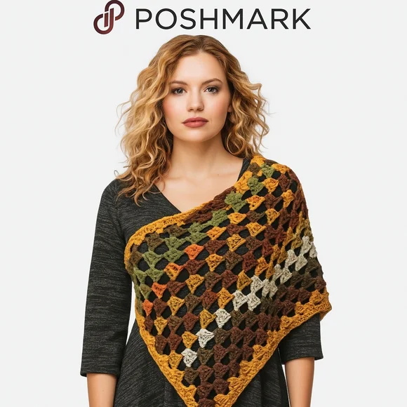 12-in-1 Granny Square Unique Shawl Cape Multicolor Crochet Wrap Fall Layering - Picture 6 of 17